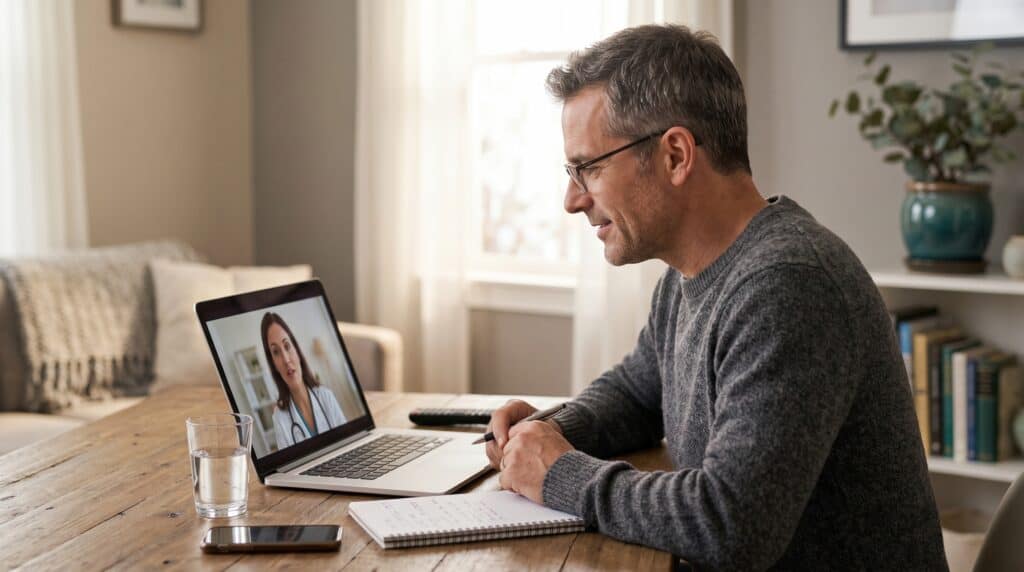 Patient reviewing hormone monitoring with a physician during a telehealth visit