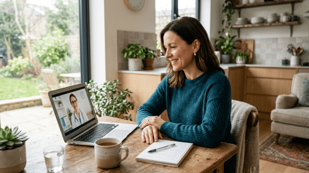 Woman in her forties having a telemedicine hormone replacement therapy consultation with a board-certified physician from home.